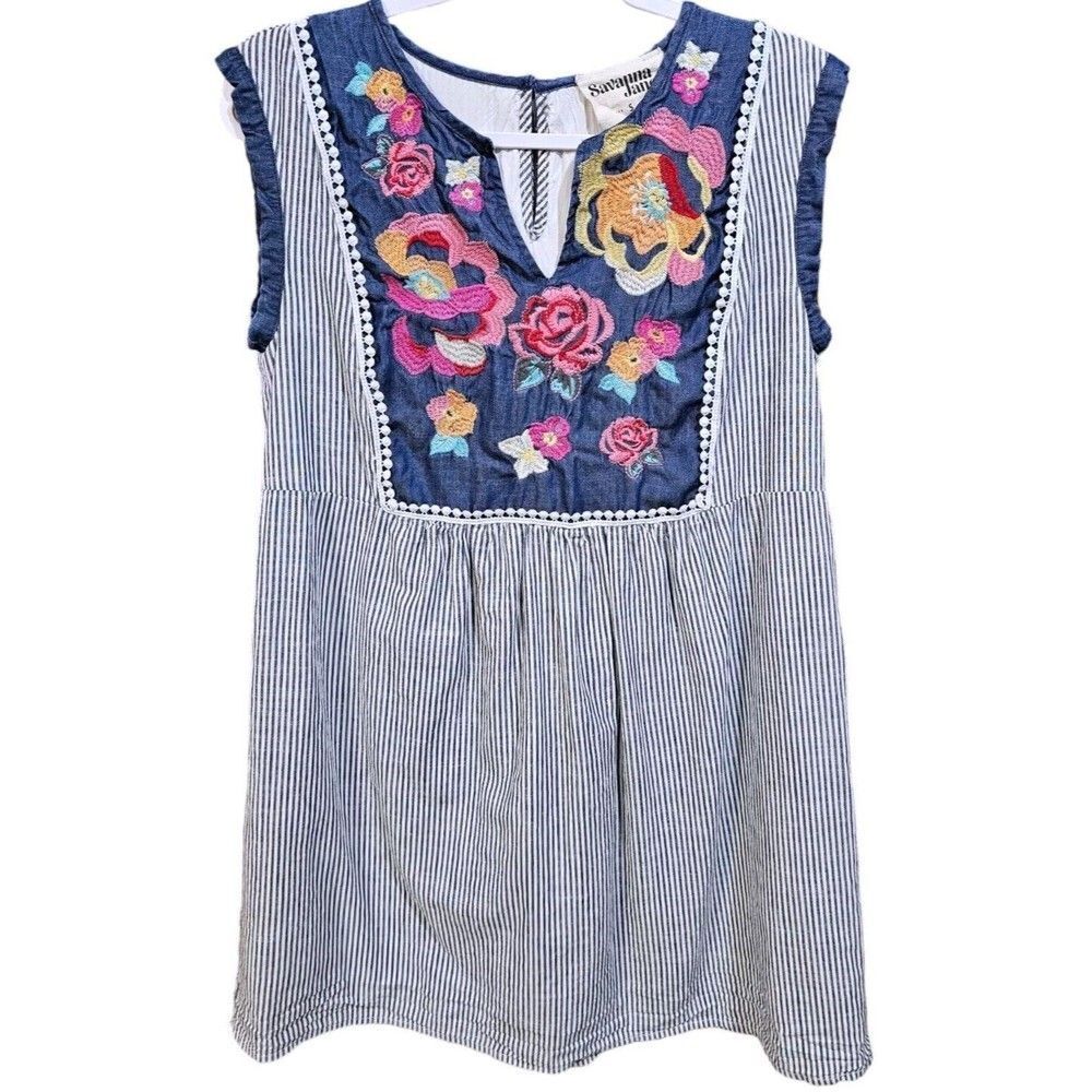 Savanna Jane Dress Size Small Striped Floral Embroidered Tunic Cottagecore Boho